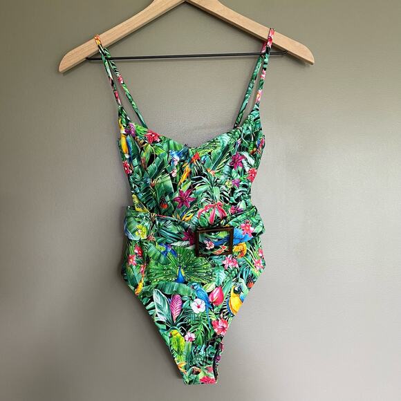 NWT Weworewhat Danielle One Piece Swimsuit Palm Green Size XS Tropical Belted - Picture 7 of 16